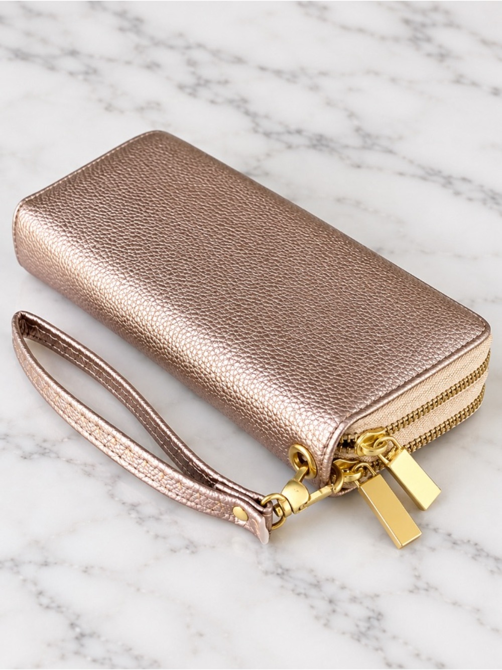 ✨ Rose Gold Metallic Double Zip Wristlet Wallet ✨